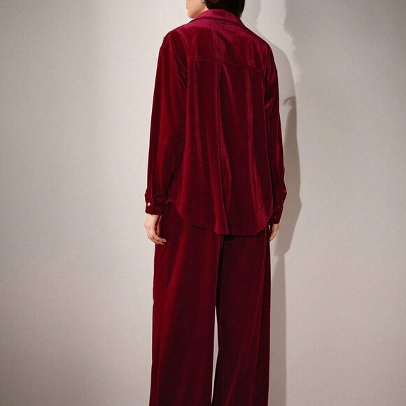 Burgundy Elegant Women's Velvet Button down top and Pant Suit set - Picture 7 of 7